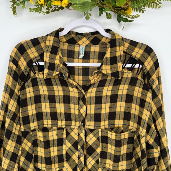 Free People Gauzy Plaid Lace-Up Button Down Shirt Size Large - Picture 9 of 12